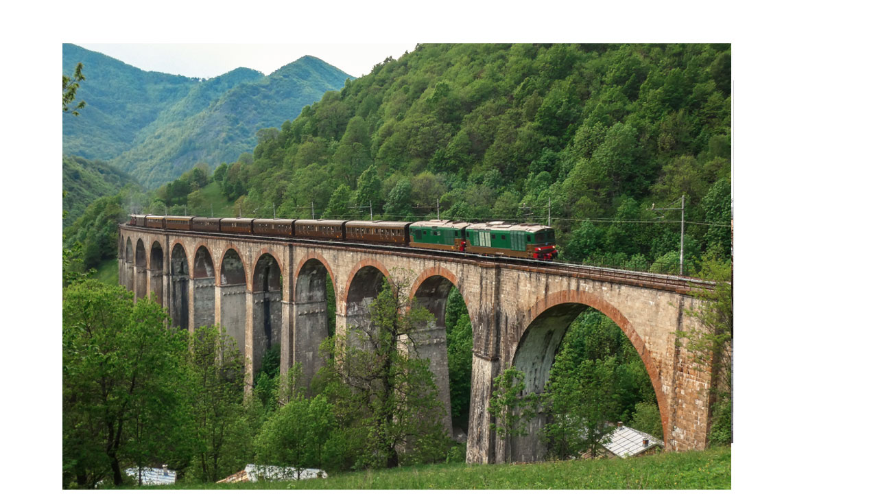 “Historic tourist train Biancheri wintering on the Rivoira viaduct”